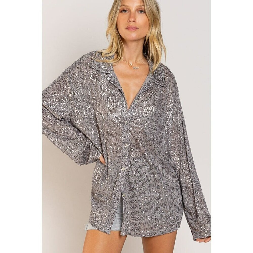 Life's a Party Sequin Button-Up Shirt in Grey - Picture 3 of 12